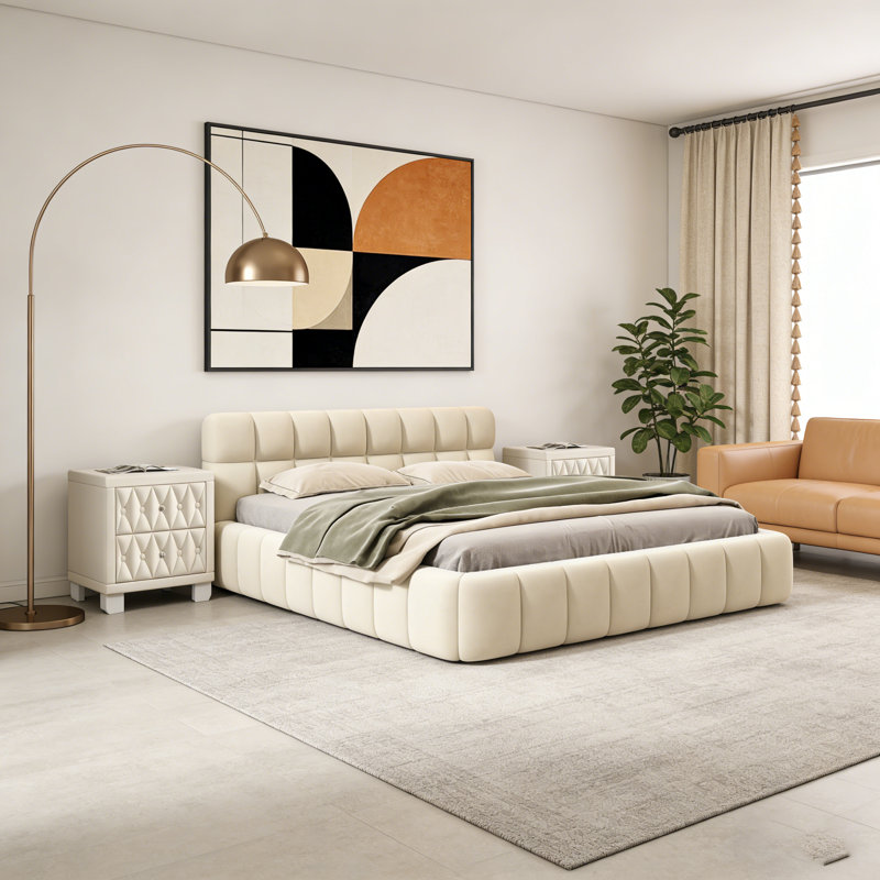 Ensemble de chambre à coucher 3 pièces, lit plateforme tapissier avec tissu épais et 2 table de chevet en velours avec 2 tiroirs et poignées en cristal
