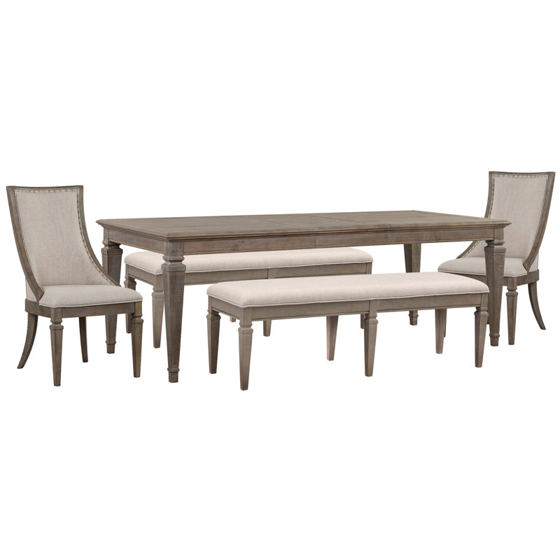 Extendable Rectangular Dining Table 2 Benches And 2 Arm Chairs, 5 Pcs: Table, 2 Benches, 2 Chairs