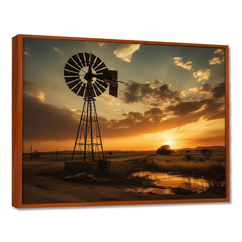Texas Rustic Windmills - Wind Turbines, art mural pour le salon, H 34 po x l 44 po x P 1,5 po, Cadre flottant brun