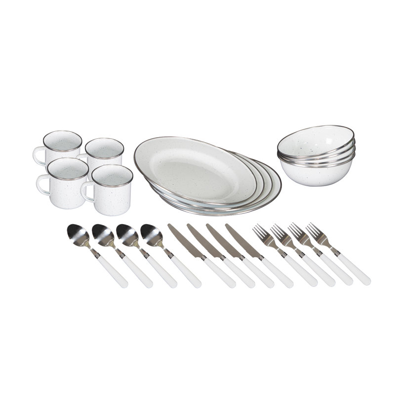 Latitude Run® Enamel Camping Tableware Set-24 Pieces-White with Blue Specs