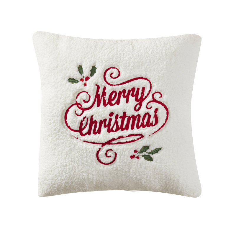 Merry Christmas Holly White Sherpa Throw Pillow 20" Square