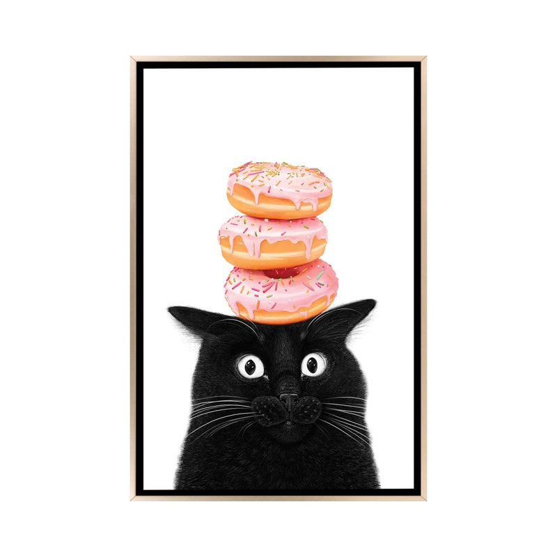 «Black Cat With Donuts», reproduction d'art sur toile encadrée, 48 po x 32 po, Toile avec cadre, Champagne