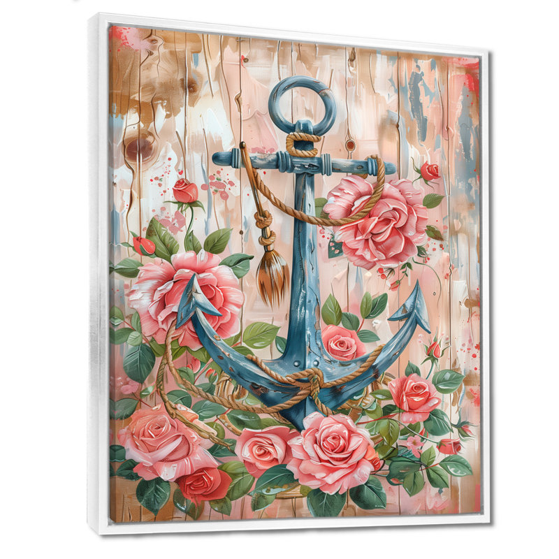 Rose, rose, vert, ancre rétro, roses, art mural côtier, salon, Toile encadrée flottée blanche, H 40 po x l 30 po x P 1,5 po