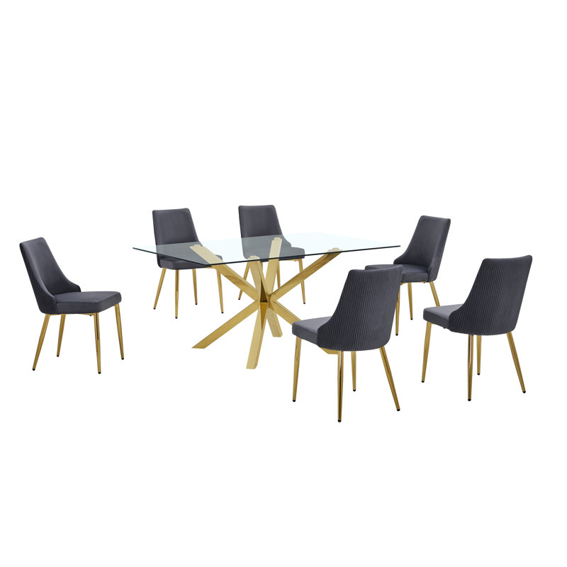 Ensemble de salle à manger en verre avec chaises d'appoint en velours plissé, 7, Gris