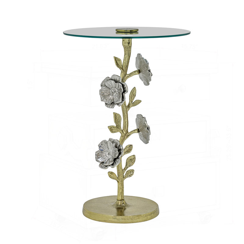 Table d'appoint Flower avec plateau en verre, table de bout sculpturale décorative, table d'appoint en aluminium pour le salon, 16 x 16 x 23,75 pouces