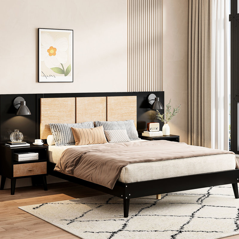 Élégante base de lit en bois massif noir avec 2 tables de chevet et lampes, fusionnant pour un look de chambre à coucher noir élégant. Fabrication, tendance