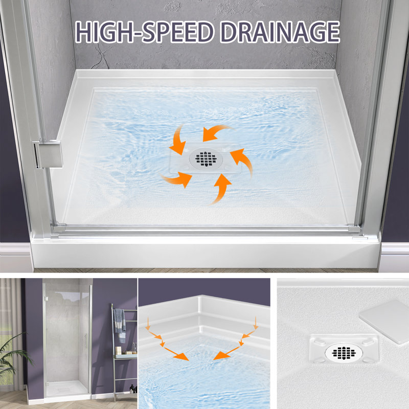 32" W × 32" D Acrylic Shower Base Single Threshold for Alcove Installation with Rectangular Drain Cover