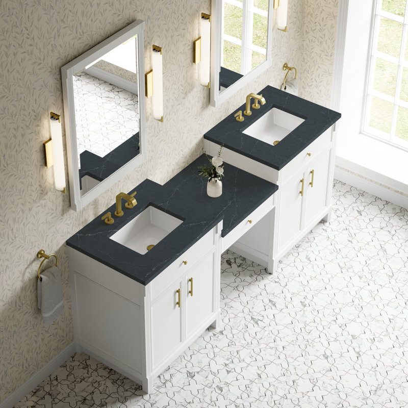 Bellshire 84" W Dual Vanity Set with 24" Make-Up Counter, Bright White, Charcoal Soapstone, 8" Widespread