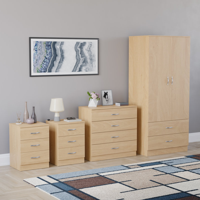Tayce 4 Piece Bedroom Set (3 Drawer Bedside Chest X2, 5 Drawer Chest, 2 Door 2 Drawer Wardrobe), Tan