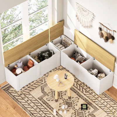 Banc de rangement multifonctionnel en forme de L 3 pièces avec coussin, servant de banc de coin de cuisine, de boîte de rangement pour jouets ou de siège de coin lecture. P 63 po x l 63 po x H 19,1 po