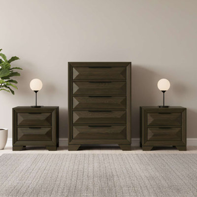 Boudin 3-Piece Bedroom Set – Chest with 2 Nightstands in Brown Wood Finish with Geometric Drawer Design