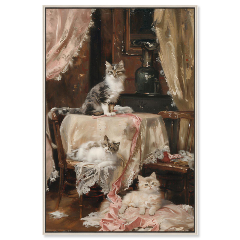 «Kittens at the Table» par Art Remedy, H 31 po x l 21 po, Cadre flottant, Argent argent