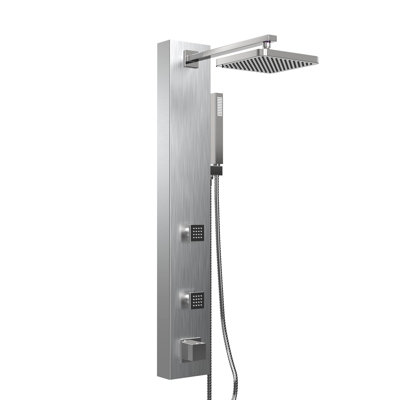 39 In 2-Jet Rainfall Wall Mounted Shower Panel Tower System 59 In Hose Length, Brass And Stainless Steel, Bodyspray, Knob Handle, Single Function Shower Head