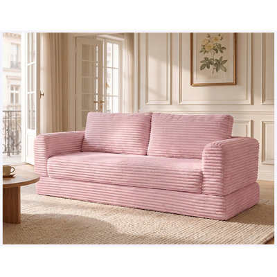 59 Inch Convertible Futon Sofa Bed, Folding Boneless Couch with Sleeper Sofa, Fold Out Floor Sofa Couch with Deep Seat, Cloud Corduroy Foldable Mattress Couch for Living Room, Pink