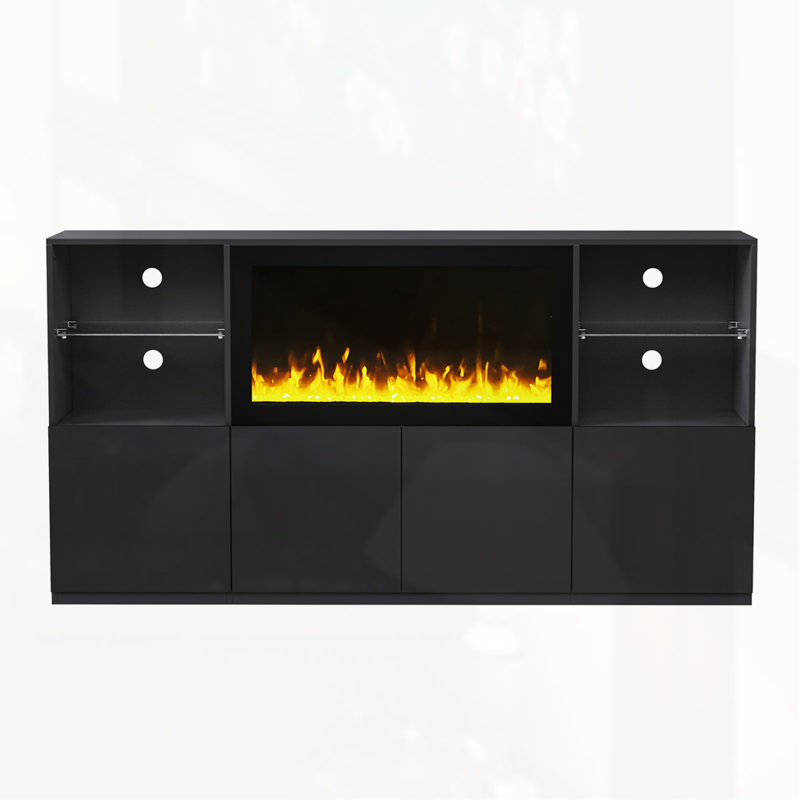 Meuble télé ultrabrillant avec foyer électrique non chauffant de 34,2 po, Noir