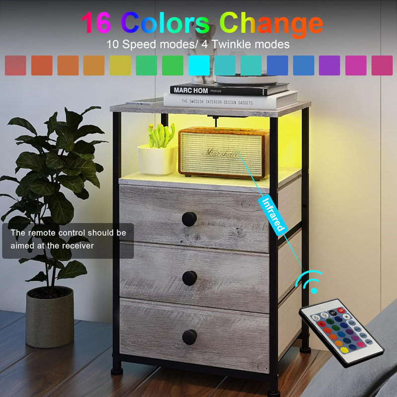 Nightstand With Charging Station, LED Light, Fabric Drawers, And Storage Shelf - Greige