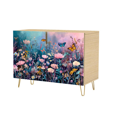 Sideboard Buffet Cabinet with Storage Butterflies Wildflowers Pastel Watercolor Garden Pink Blue Lavender with 2 Doors for Living Room and Kitchen