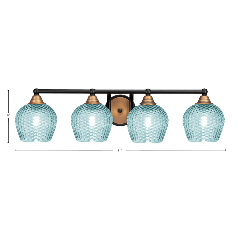 Verre turquoise 6 po Mukkesh, H 7,5 po x l 31 po x P 8 po, Noir mat / laiton, Quatre lumières