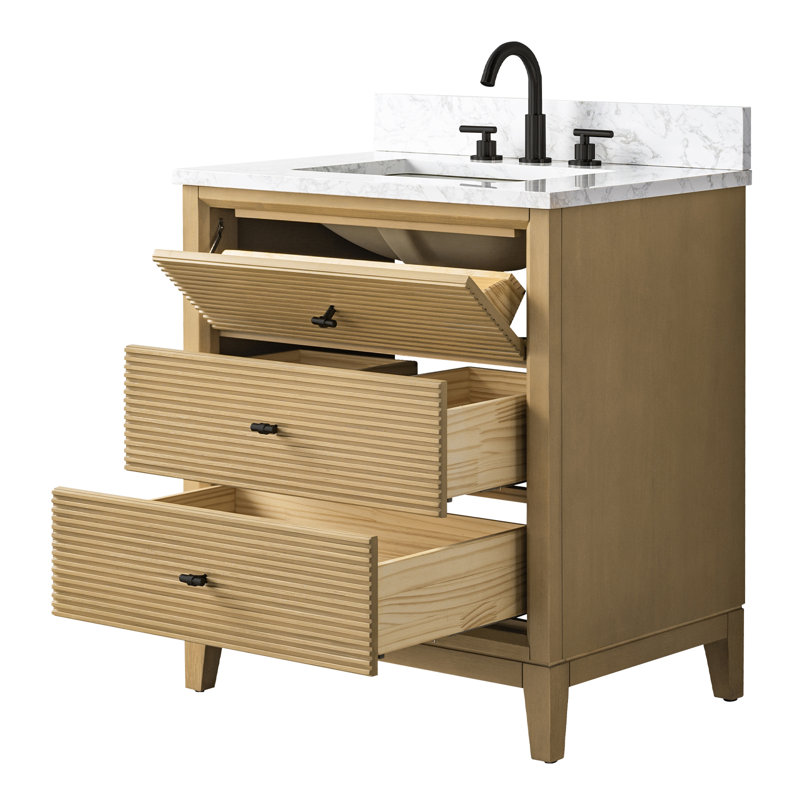 Caldwell 30" Single Sink Freestanding Bathroom Vanity with Engineered Marble Top, Natural Oak, Arabescato White, Matte Black