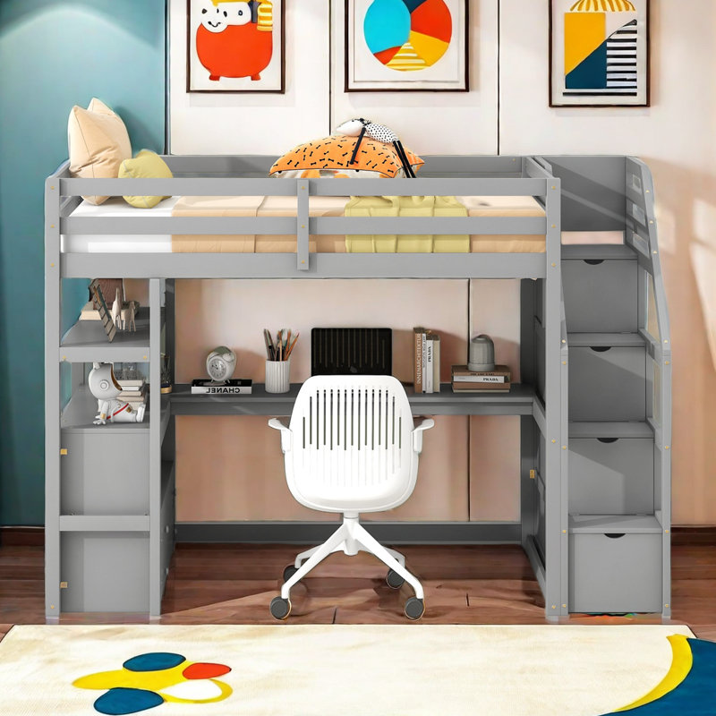 Lit mezzanine simple avec tiroirs Johnavin Kids, Gris