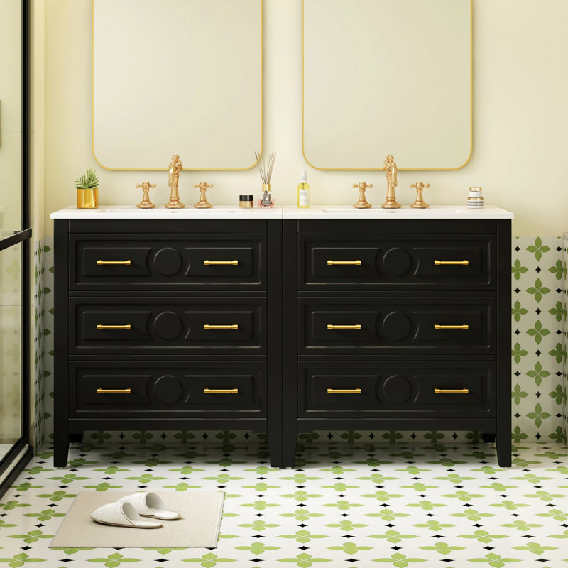 Meuble-lavabo autoportant avec tiroirs de rangement, Noir