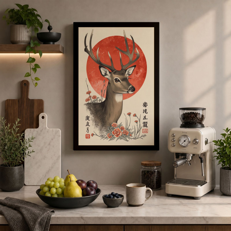 Deer Under Rising Sun Japandi - Wrapped Canvas, 36x24 - 91.4 x 61.0 cm, Black Border