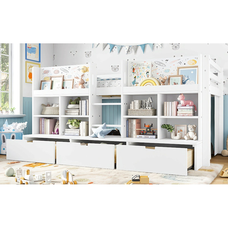 Lit mezzanine simple avec tablettes et rangements multiples, Lit simple, Blanc