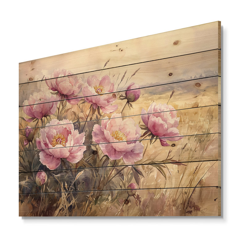 Pivoines par la prairie ouverte II - Art mural en bois pivoines - sur bois de pin naturel, H 10 po x l 20 po x P 0,78 po