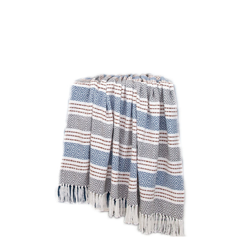 Jeté rayé en coton tissé gris et blanc