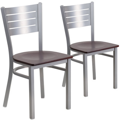 Alvera Silver Slat Back Metal Restaurant Chair with Wood Seat