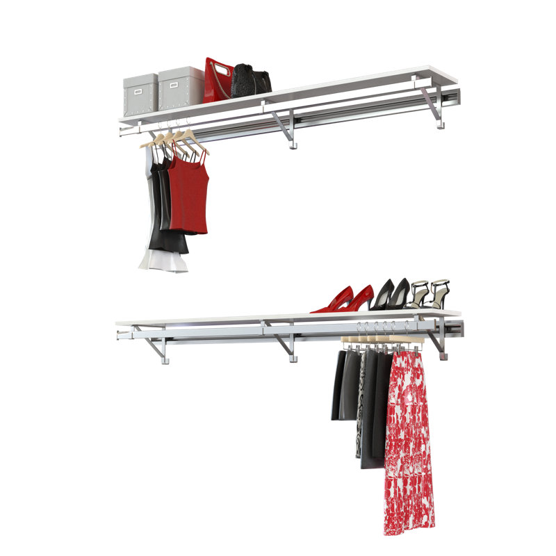 Système d'organisation avec barres à vêtements et deux tablettes, Blanc, H 8,5 po x l 52 po x P 11,75 po