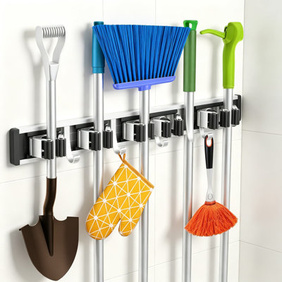 Wall Mounted Broom And Mop Holder With Adjustable Racks And Hooks - Heavy Duty Garage And Kitchen Tool Organizer For Space Saving Storage