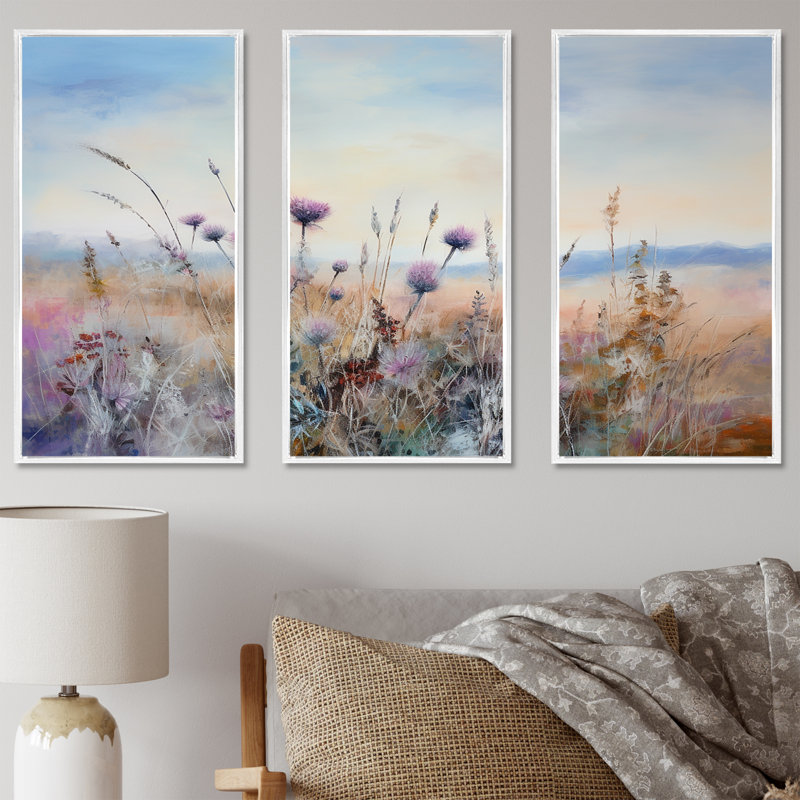 Ensemble de décoration murale chardon mauve, H 40 po x l 60 po x P 1 po, Cadre flottant blanc