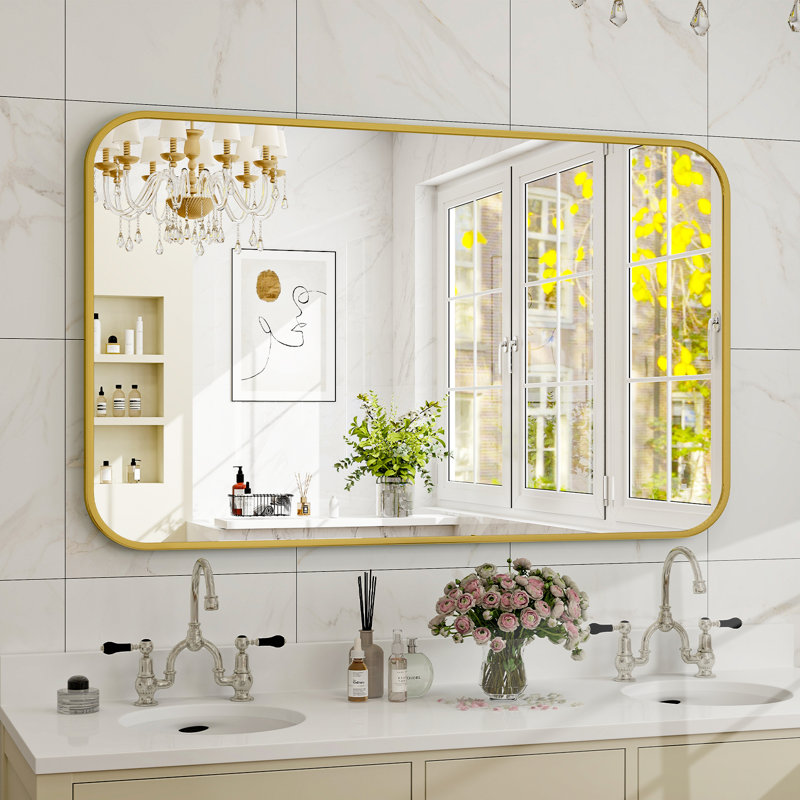 Odean Rectangle Metal Large Wall Mirror, 47" x 29", Gold