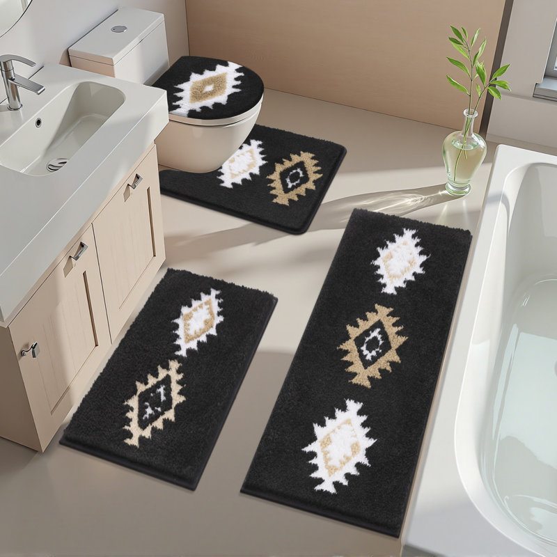 4 Piece Soft Absorbent Microfiber Bath Rug Set With Non-Slip Backing, Black