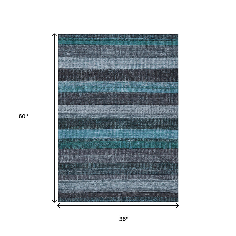 3' X 5' Teal Blue And Gray Striped Washable Indoor Outdoor Area Rug