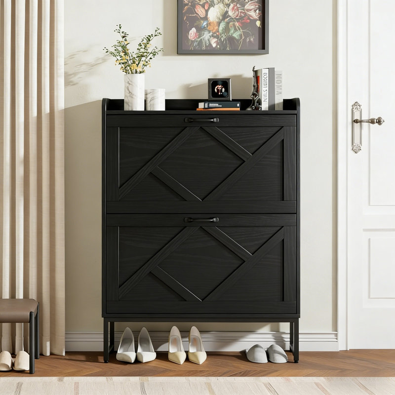 Slim Shoe Cabinet With 2 Flip-Down Drawers, Black