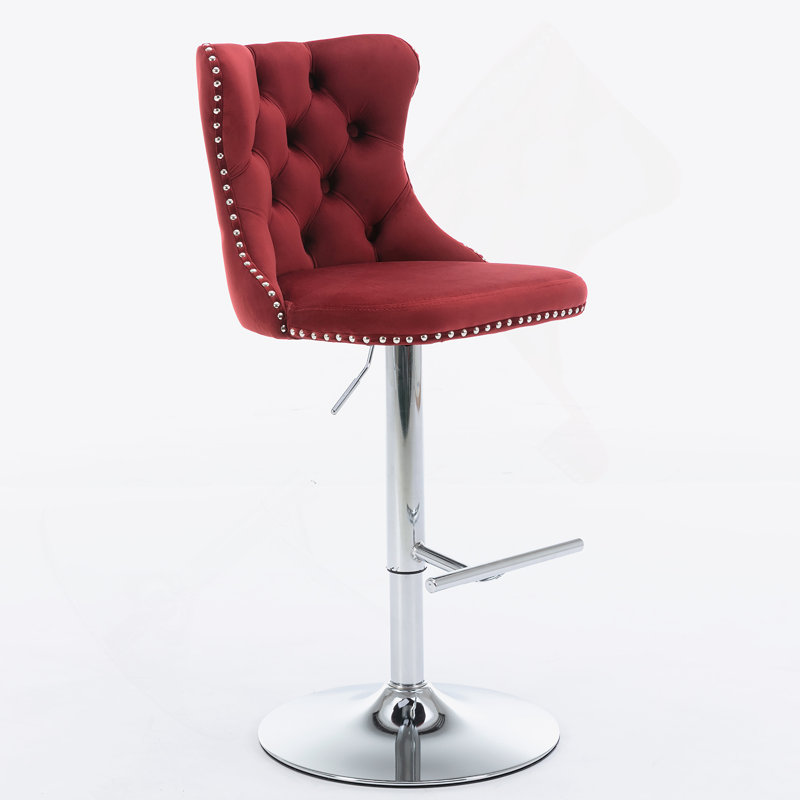 Adjustable Height Swivel Metal Pedestal Bar Stools with Footrest, Burgundy