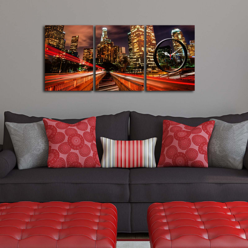 Ensemble de 3 horloges murales élégantes en toile décorative, toile suède, taille totale: 35,4 x 15,0 pouces | 100% cadre en bois, épaisseur: 1,2 po | Parfait pour la décoration intérieure, l'esthétique moderne et l'heure unique