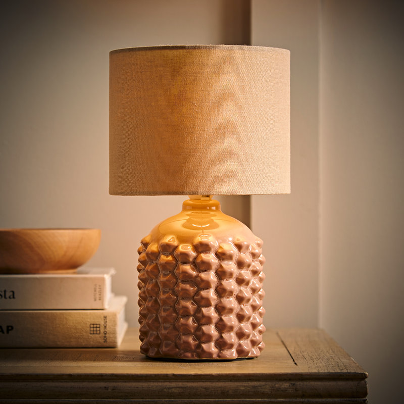 Demariyah Ceramic Pink Geometric Table Lamp with Drum Lamp Shade, Yes