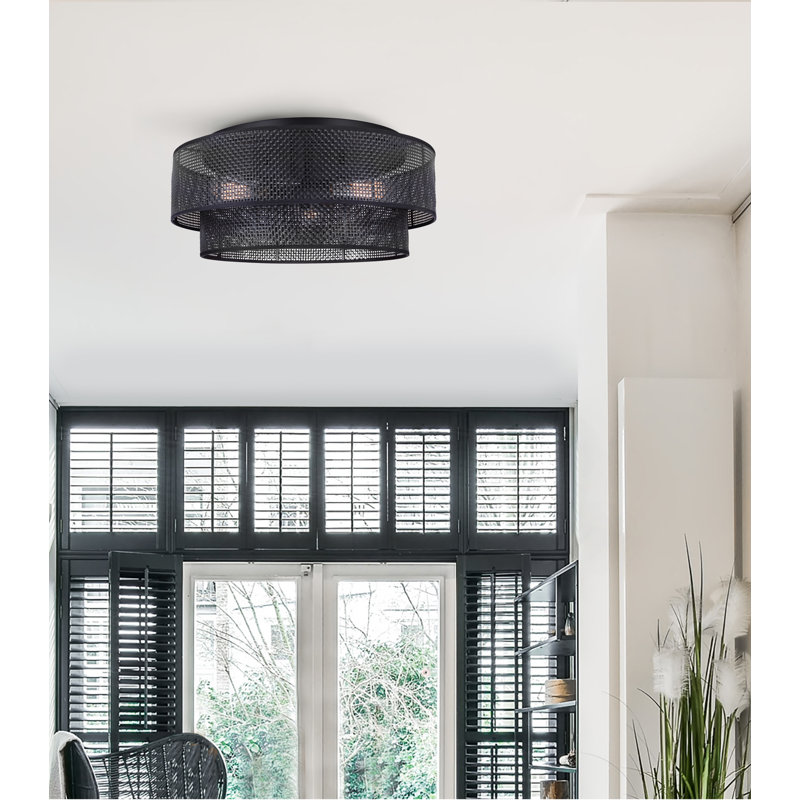 Porte-outils 19 po Plafonnier encastré 3 lumières 60 watts noir Boho avec abat-jour en rotin naturel, Noir mat