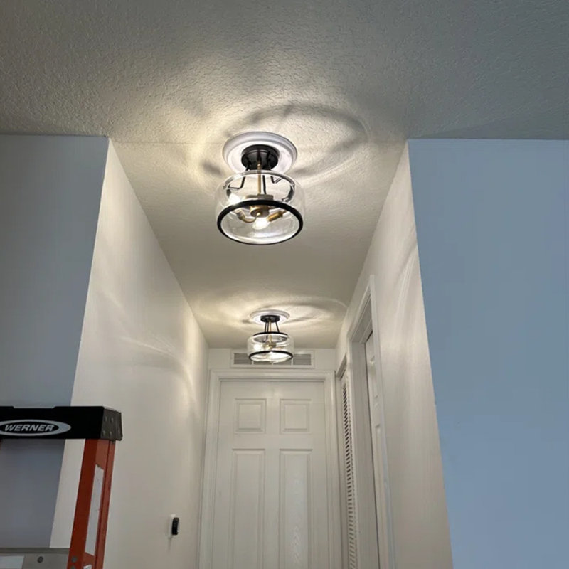 Akima 3 - Light Glass Drum Semi Flush Mount Light, 5.4" H x 12" W x 12" D, Matte Black/Gold, Transparent