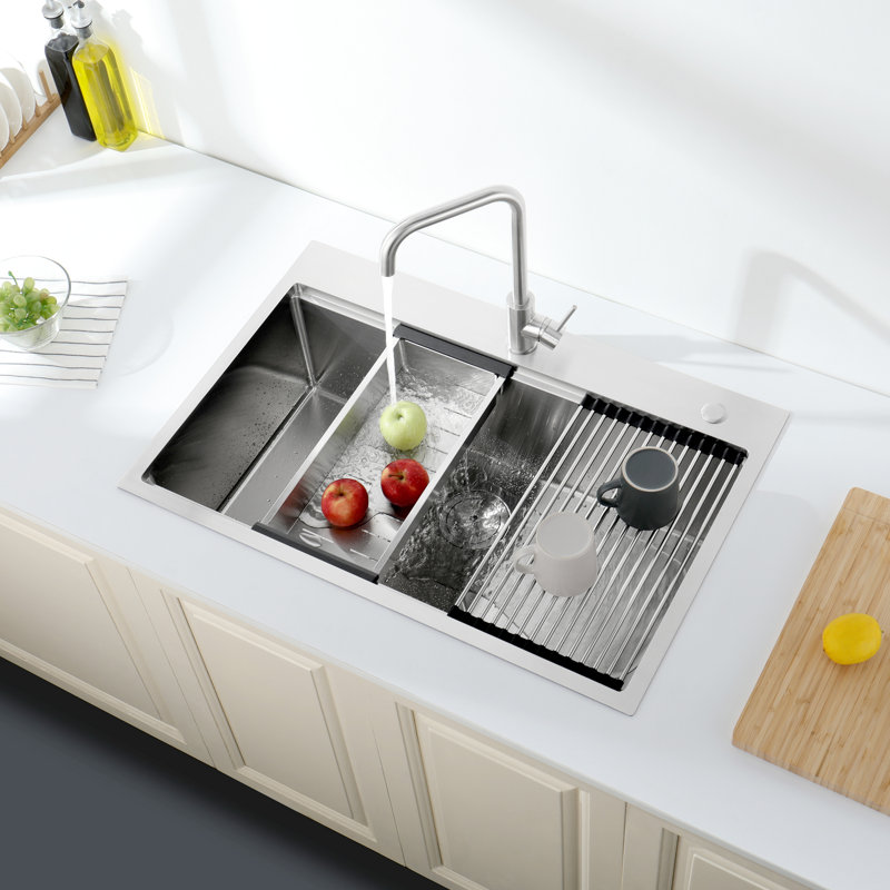 Évier de cuisine en acier inoxydable encastrable 33 po x 22 po x 10 po. Gris foncé, simple cuve avec accessoires, fonction de drainage rapide, évier encastré 33 po x 22 po. Mécanisme rapide, production