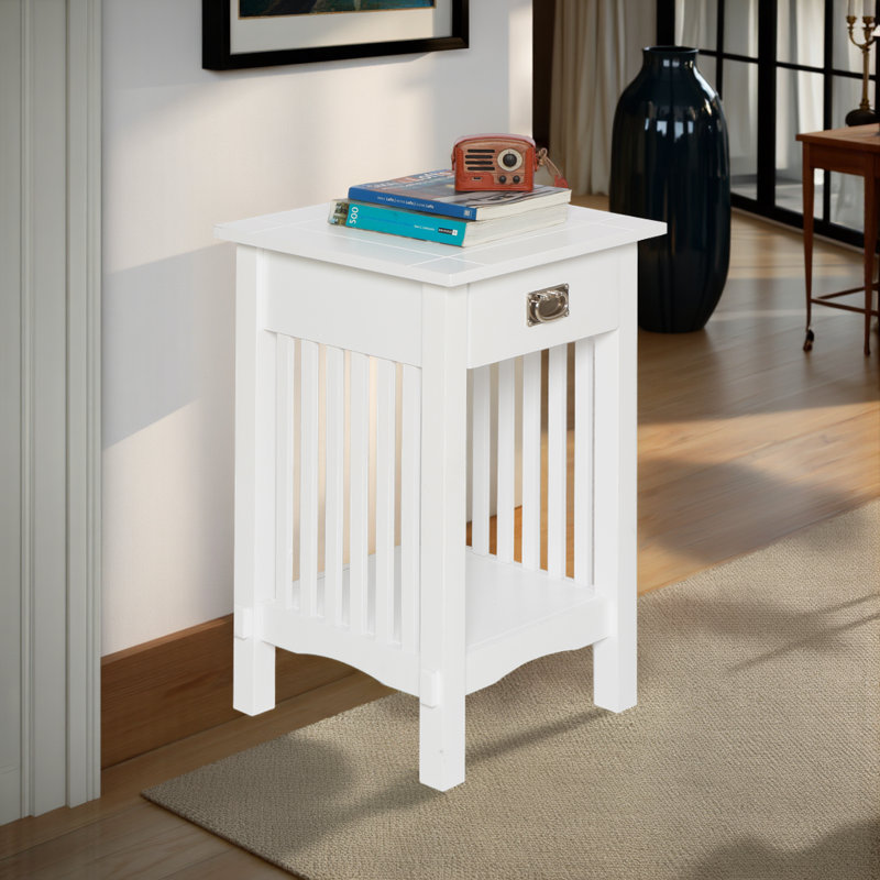 Solid Wood End Table with Storage, White