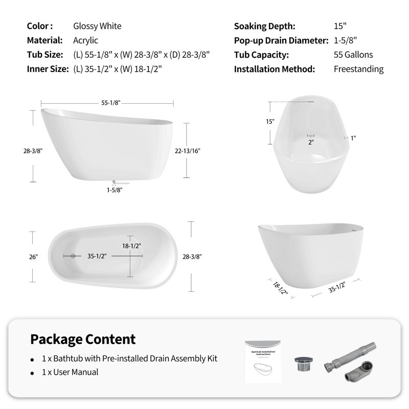 Baignoire de trempage autoportante en acrylique blanc brillant 55 po avec trop-plein intégré et drain en nickel brossé