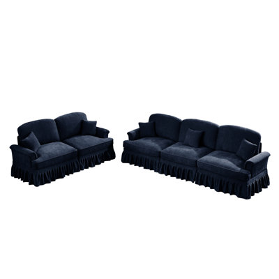 Ensemble de canapé de salon modulaire classique 2 pièces avec accoudoirs évasés et volants amovibles, jupes plissées et pieds fuselés, canapé 3 places + ensemble de canapé causeuse 2 places pour le salon, bleu