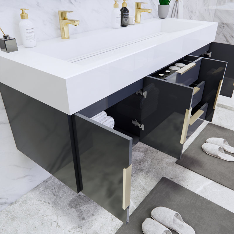 Ensemble de meuble-lavabo double mural l 59 po x P 19,75 po x H 22,25 po Glasgow, Blanc, Gris foncé à haute brillance