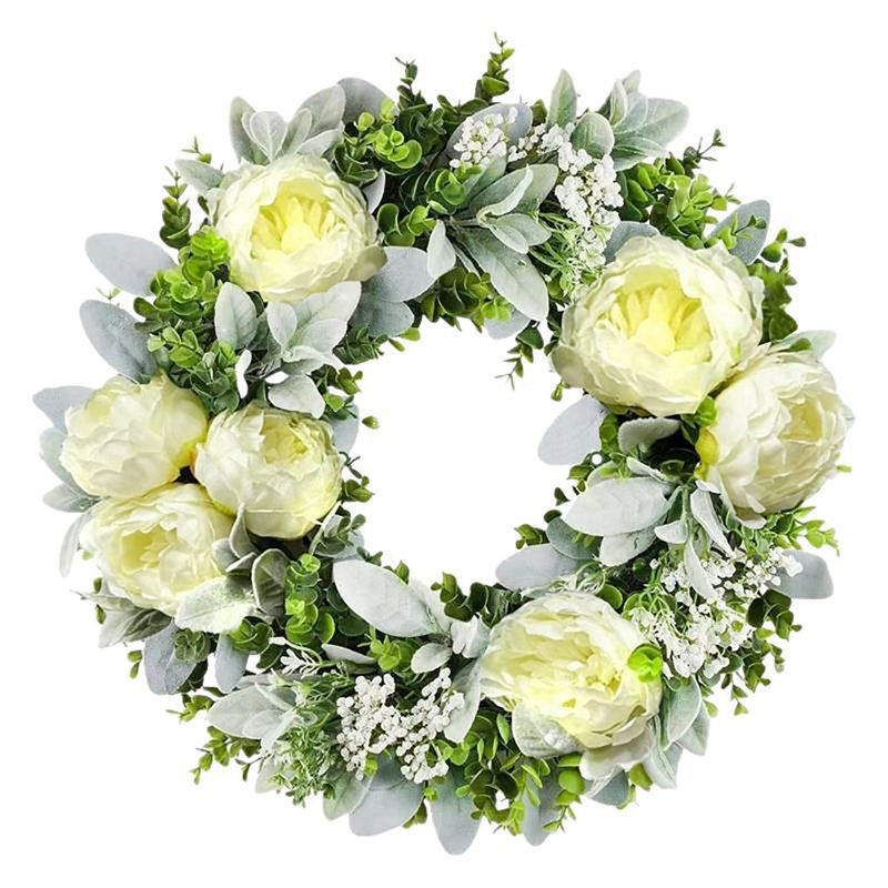 Couronne de pivoine et d'eucalyptus crème 17,72 po - Couronne florale artificielle luxuriante pour porte d'entrée, décoration murale, manteau de cheminée et décoration toute l'année