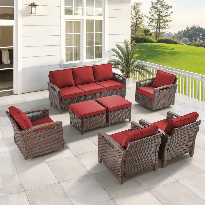 Ensemble de conversation d'extérieur en osier pour 7 personnes avec chaises pivotantes Arundel, Rouge