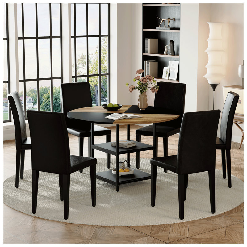 Ensemble de table et de chaises.Une table de salle à manger circulaire de couleur moderne épissée de 47,3 pouces de diamètre - rangement double couche.Avec 6 chaises de salle à manger en polyuréthane, simples et polyvalentes, confortables et accompa